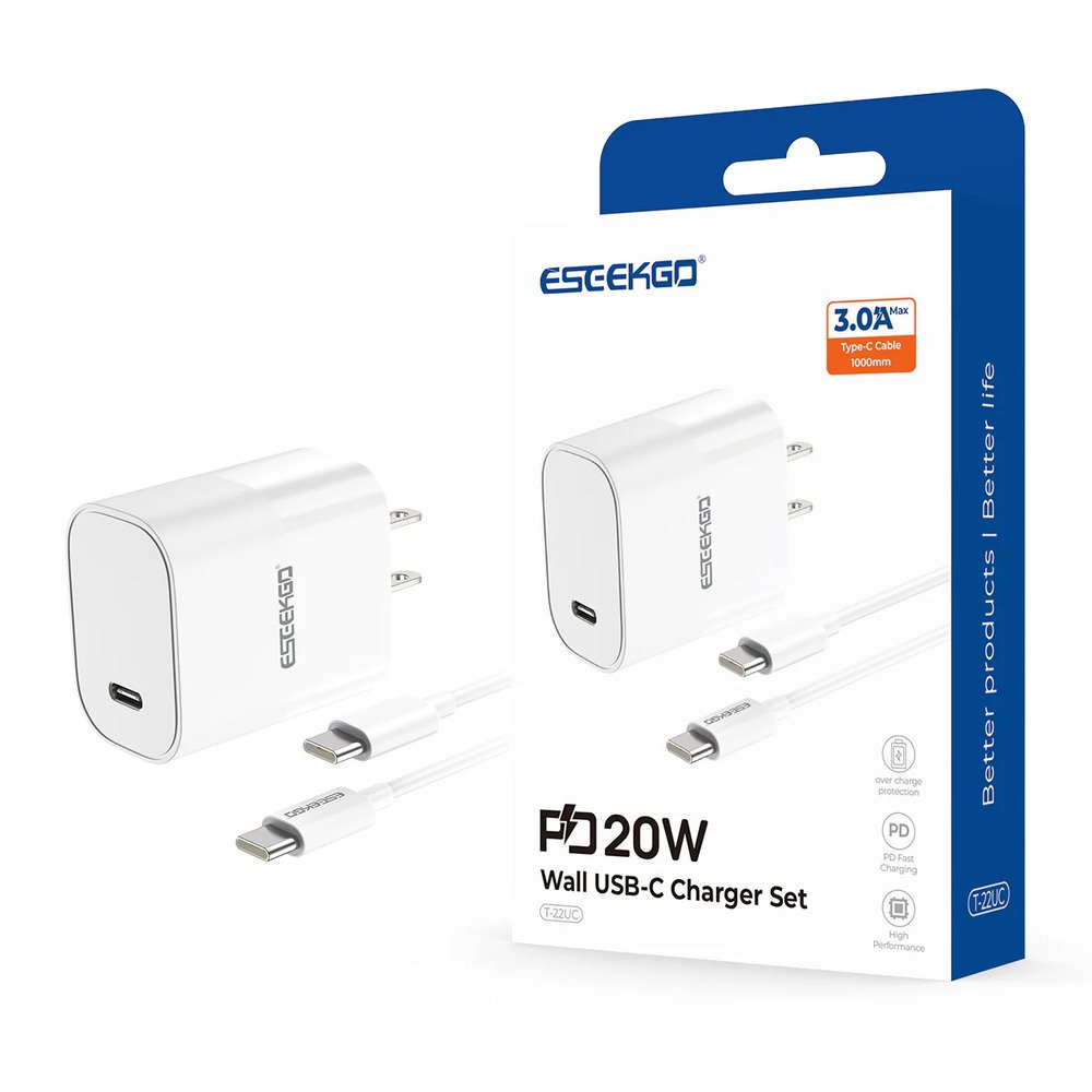 ESEEKGO T-22UC PD20 WATT Travel Adapter Type-C To Type-C Fast Charging Cable White