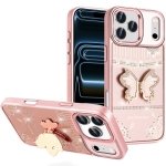 For Apple iPhone 17 Pro Splendid Glitter Butterfly Design Stand with Metallic Edges Hybrid Case