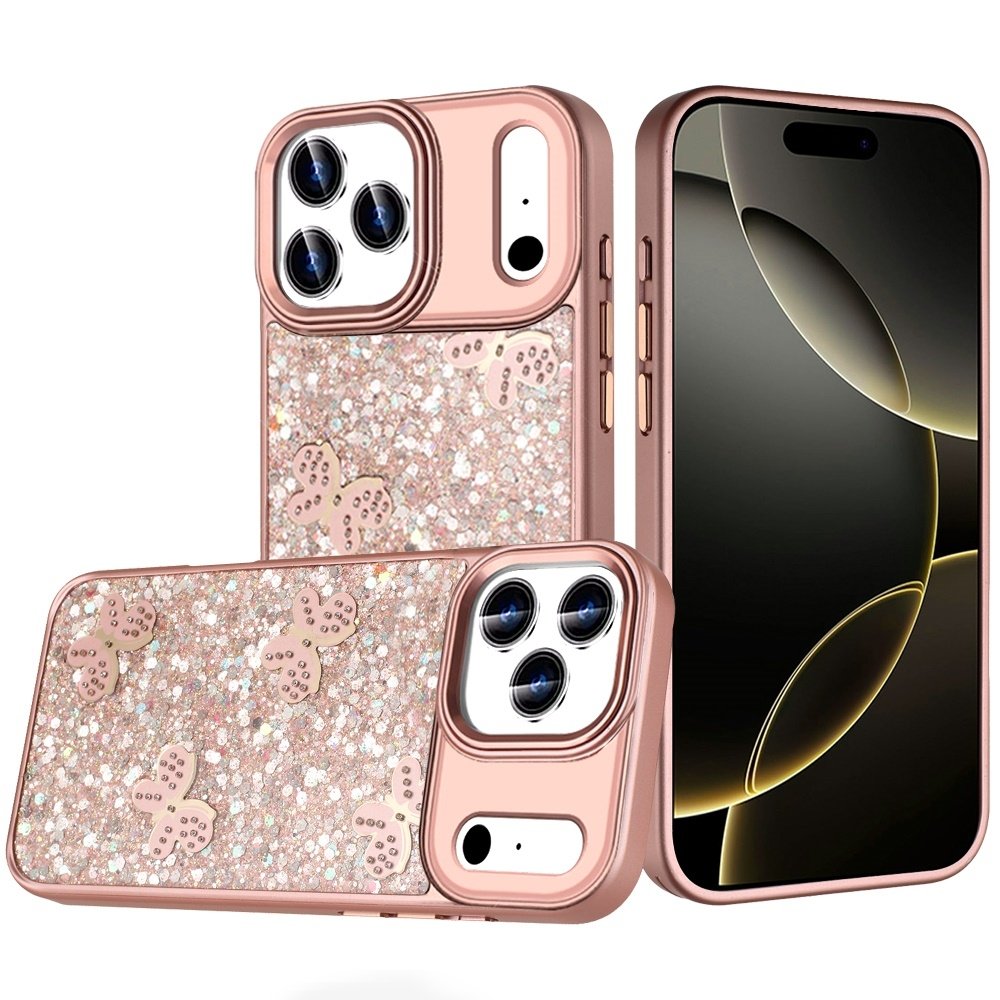 For Apple iPhone 17 Pro Max Cute Butterfly Ornaments Diamonds Shimmer Matching Metallic HQ Hybrid