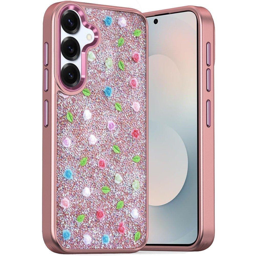For Samsung Galaxy s25 FE Stick-On Embedded Glass Diamonds of Colorful Floral Arrangement HQ Hybrid Case - Image 3