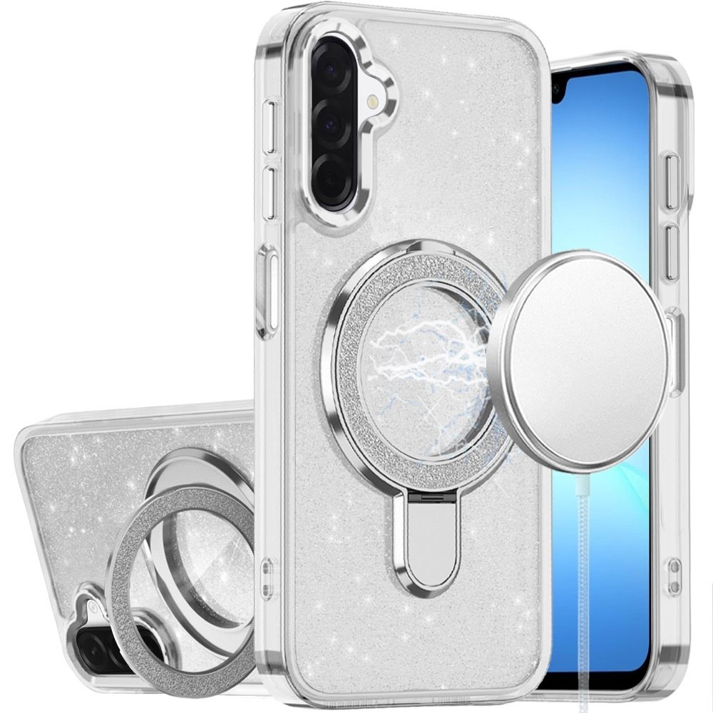 For Samsung Galaxy A17 5G Transparent Glitter Rotaional Magnetic Ring Stand HQ Hybrid - Image 2