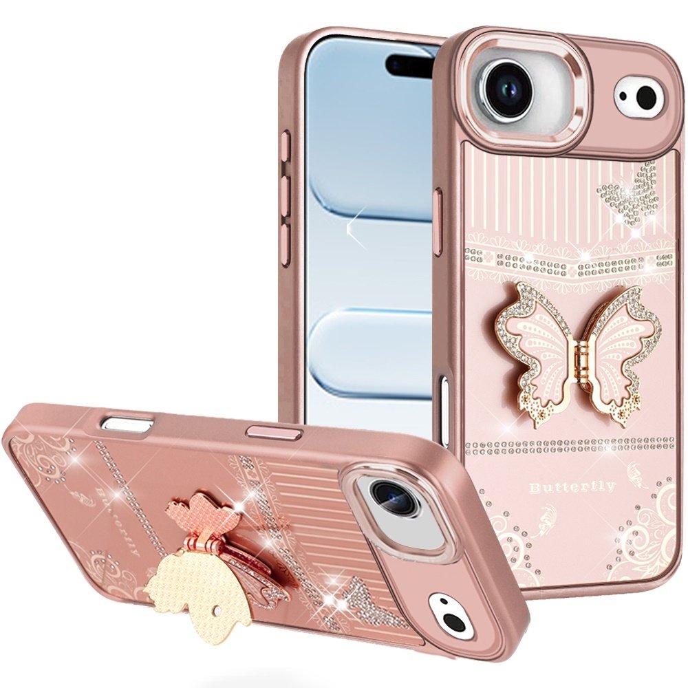 For Apple iPhone 17 Air Splendid Glitter Butterfly Design Stand with Metallic Edges Hybrid Case - Image 2