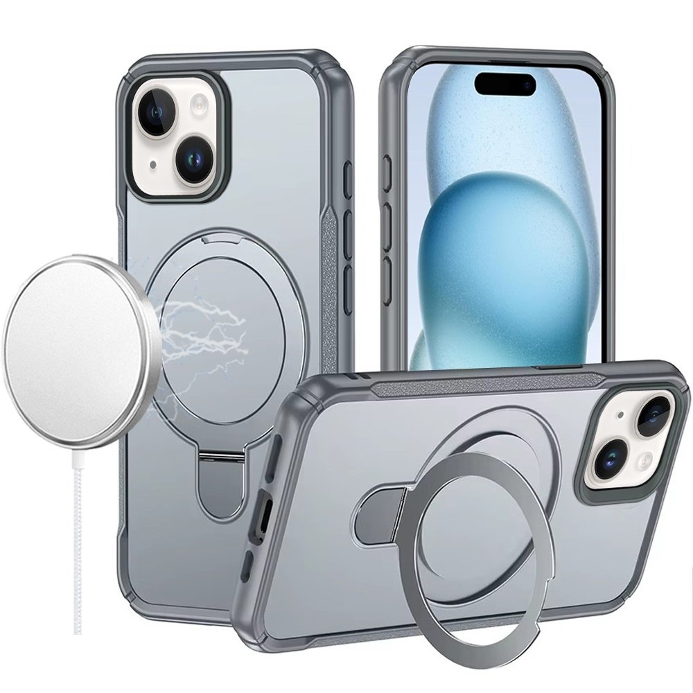 For Apple iPhone 15 Matte Finish Simplified Magnetic Ring With Stand Hybrid Case - Image 2