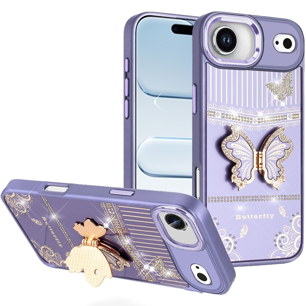 For Apple iPhone 17 Air Splendid Glitter Butterfly Design Stand with Metallic Edges Hybrid Case