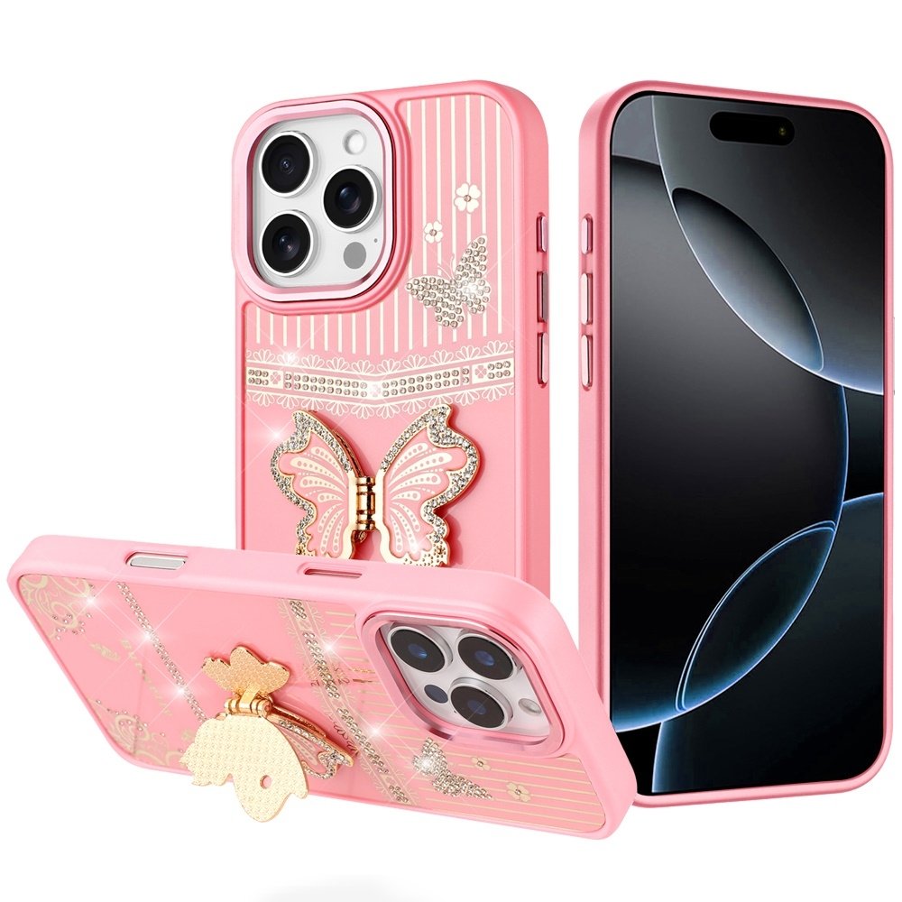 For Apple iPhone 16 Pro Max 6.9 Splendid Glitter Butterfly Design Stand with Metallic Edges Hybrid Case - Image 3