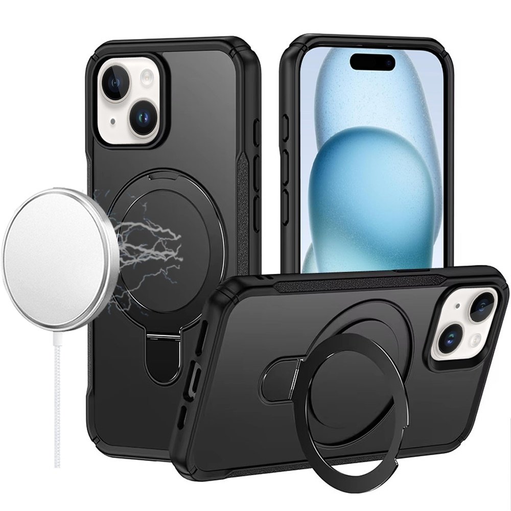 For Apple iPhone 15 Matte Finish Simplified Magnetic Ring With Stand Hybrid Case