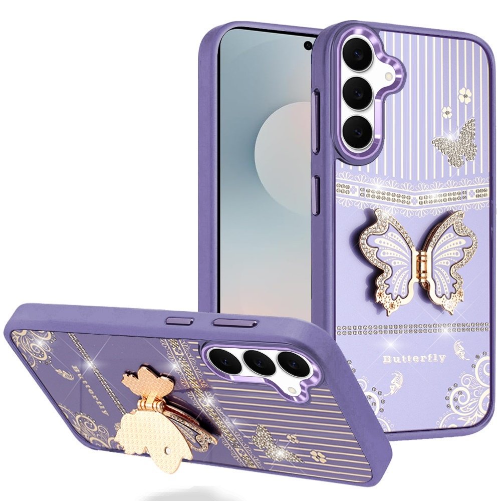 For Samsung Galaxy s25 FE Splendid Glitter Butterfly Design Stand with Metallic Edges Hybrid Case - Image 2