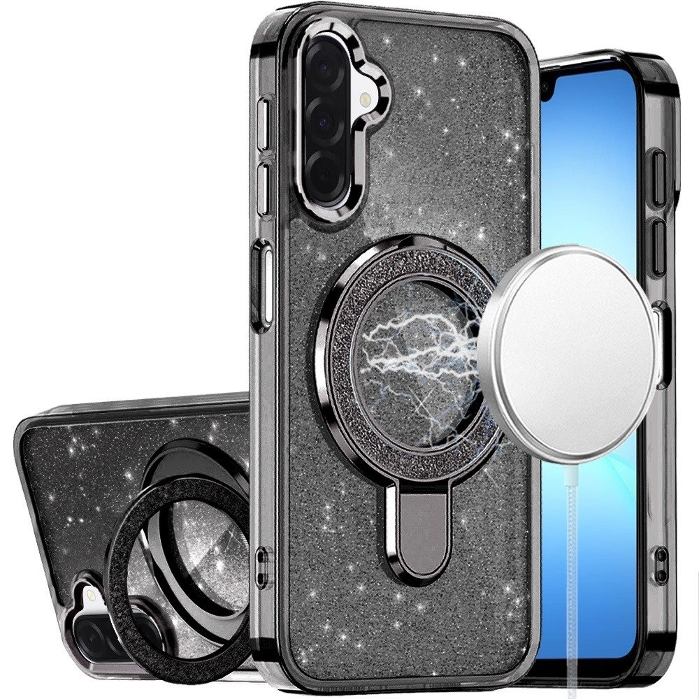 For Samsung Galaxy A17 5G Transparent Glitter Rotaional Magnetic Ring Stand HQ Hybrid