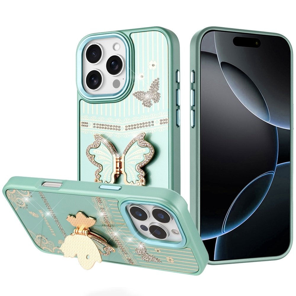 For Apple iPhone 16 Pro Max 6.9 Splendid Glitter Butterfly Design Stand with Metallic Edges Hybrid Case - Image 5