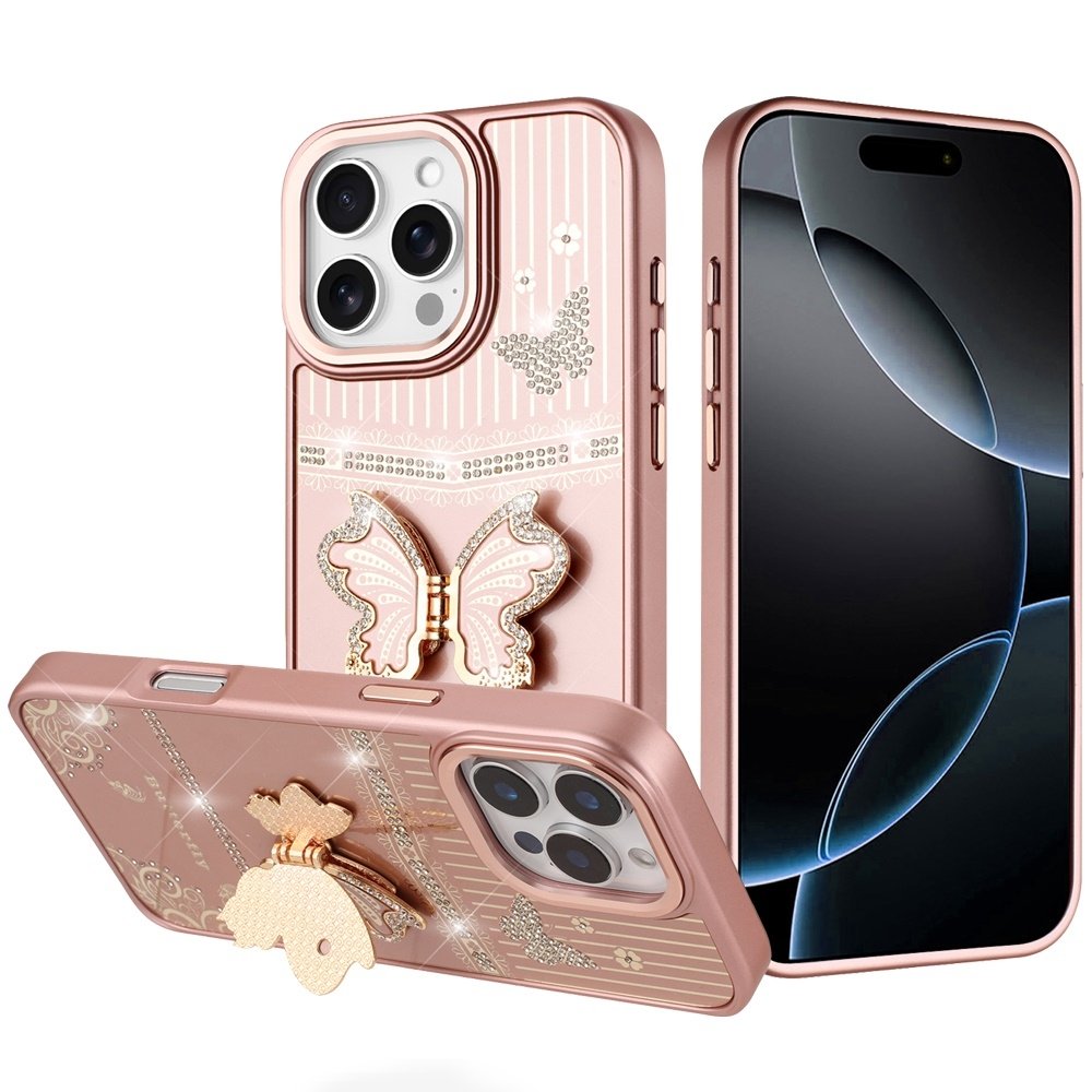 For Apple iPhone 16 Pro Max 6.9 Splendid Glitter Butterfly Design Stand with Metallic Edges Hybrid Case - Image 4