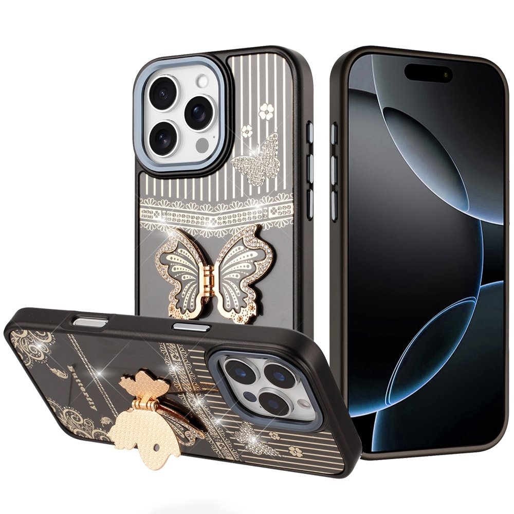 For Apple iPhone 16 Pro Max 6.9 Splendid Glitter Butterfly Design Stand with Metallic Edges Hybrid Case